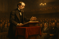 Image fictive de Charles Dickens lors d'un spectacle de lecture à Londres